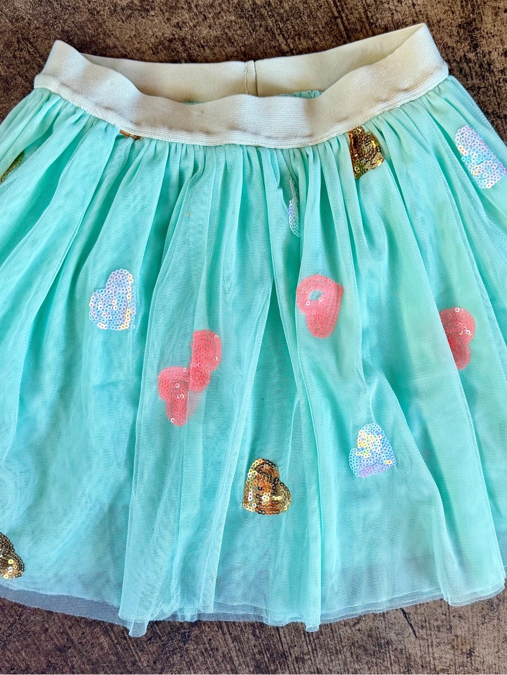 Girls' Mint Tulle Skirt with Sequin Heart Accents